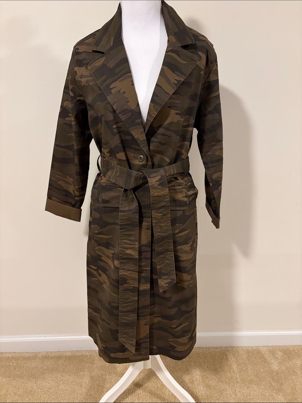 Lucky Brand Camouflage Trench Coat- Olive Camo